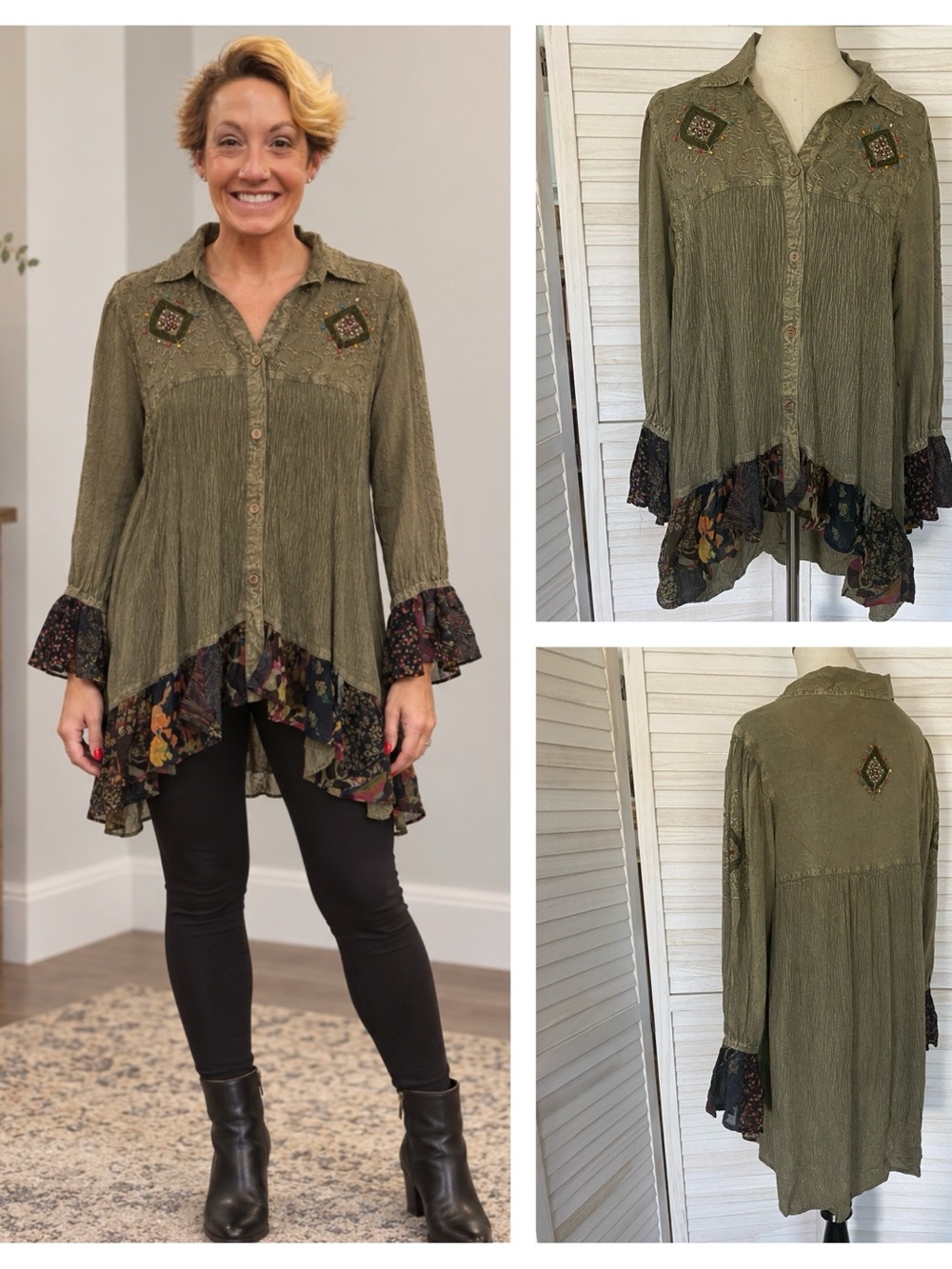Young Threads Boho Olive Green Mixed Patterns Embellished Embroidered Top XL NWT